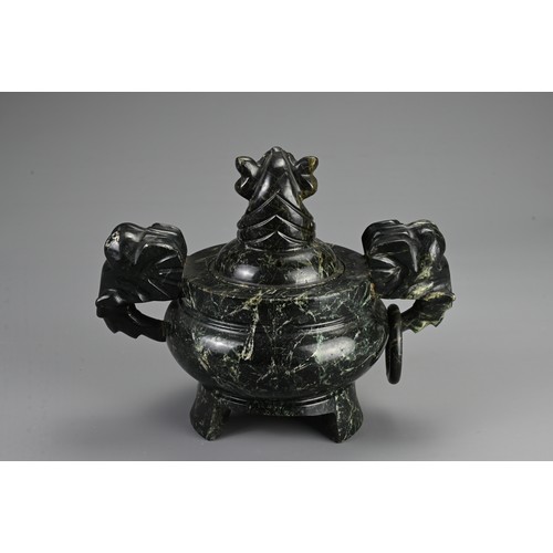 358 - TWO CHINESE CARVED STONE CENSERS, 20TH CENTURY. To include a large rose quartz censer with lion mask... 