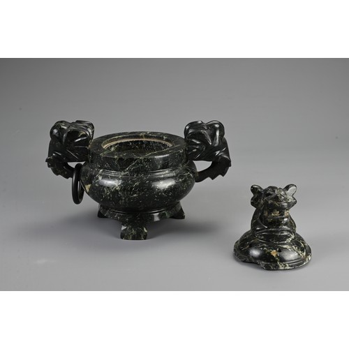 358 - TWO CHINESE CARVED STONE CENSERS, 20TH CENTURY. To include a large rose quartz censer with lion mask... 