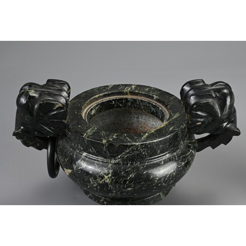 358 - TWO CHINESE CARVED STONE CENSERS, 20TH CENTURY. To include a large rose quartz censer with lion mask... 