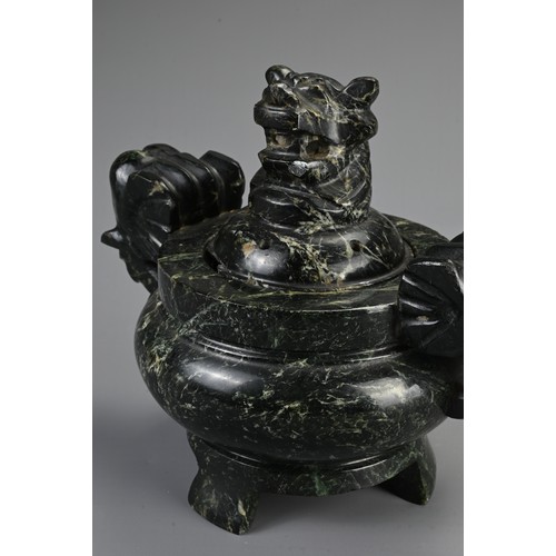 358 - TWO CHINESE CARVED STONE CENSERS, 20TH CENTURY. To include a large rose quartz censer with lion mask... 