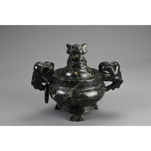 358 - TWO CHINESE CARVED STONE CENSERS, 20TH CENTURY. To include a large rose quartz censer with lion mask... 