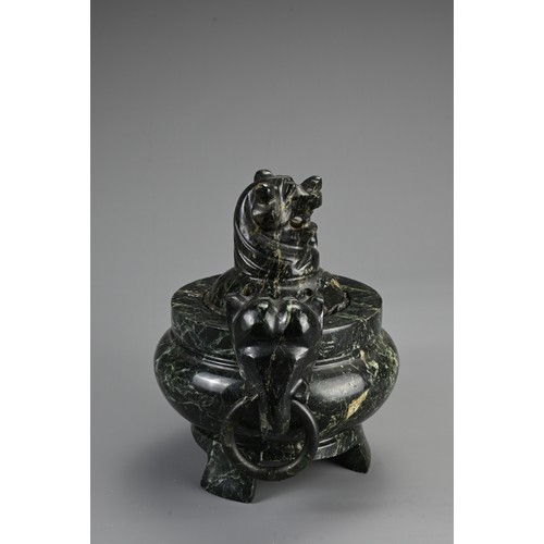 358 - TWO CHINESE CARVED STONE CENSERS, 20TH CENTURY. To include a large rose quartz censer with lion mask... 