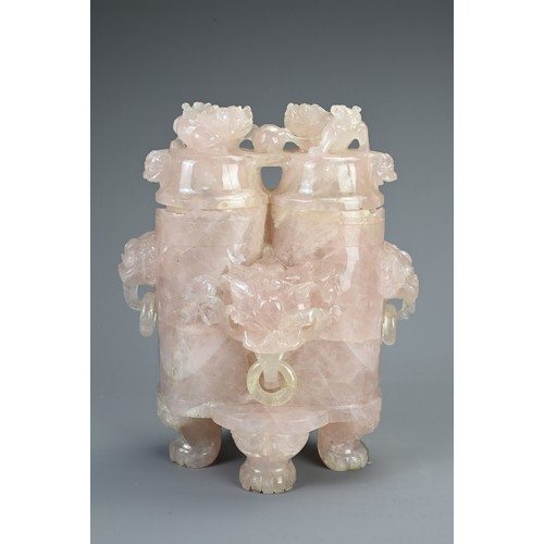 358 - TWO CHINESE CARVED STONE CENSERS, 20TH CENTURY. To include a large rose quartz censer with lion mask... 