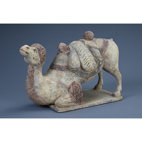 178 - A CHINESE PAINTED POTTERY FIGURE OF A KNEELING BACTRIAN CAMEL, PROBABLY TANG DYNASTY. With saddle an... 