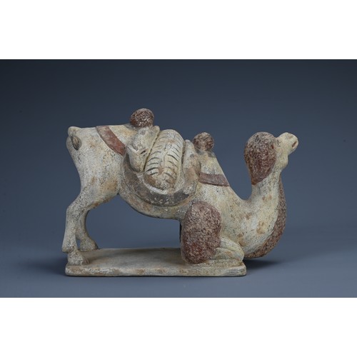 178 - A CHINESE PAINTED POTTERY FIGURE OF A KNEELING BACTRIAN CAMEL, PROBABLY TANG DYNASTY. With saddle an... 