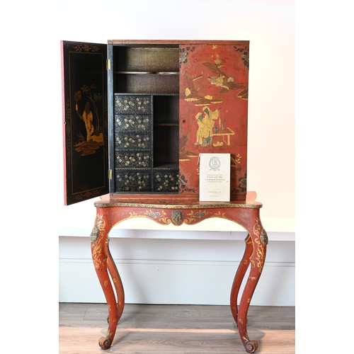 194 - A SCARLET AND GILT JAPANNED CABINET, ITALY 19TH CENTURY, EX-CHRISTIE'S. The square form, two-door ca... 