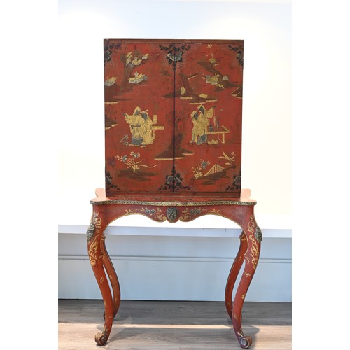 194 - A SCARLET AND GILT JAPANNED CABINET, ITALY 19TH CENTURY, EX-CHRISTIE'S. The square form, two-door ca... 