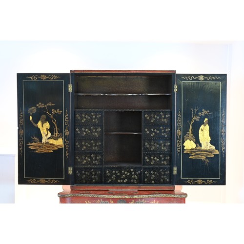 194 - A SCARLET AND GILT JAPANNED CABINET, ITALY 19TH CENTURY, EX-CHRISTIE'S. The square form, two-door ca... 