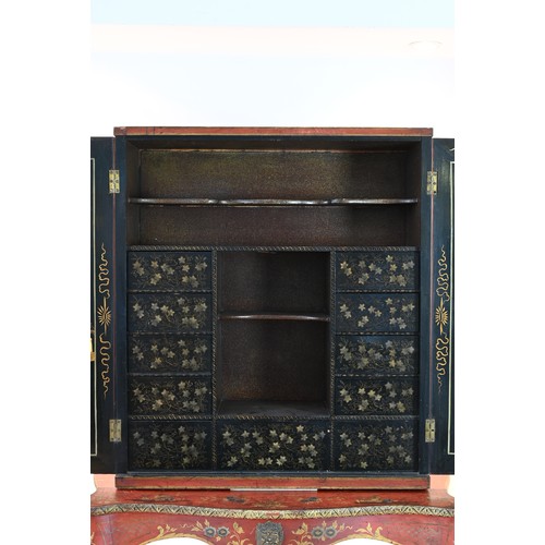 194 - A SCARLET AND GILT JAPANNED CABINET, ITALY 19TH CENTURY, EX-CHRISTIE'S. The square form, two-door ca... 