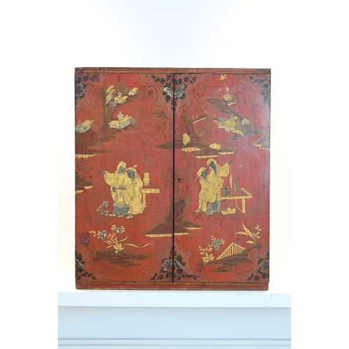 194 - A SCARLET AND GILT JAPANNED CABINET, ITALY 19TH CENTURY, EX-CHRISTIE'S. The square form, two-door ca... 