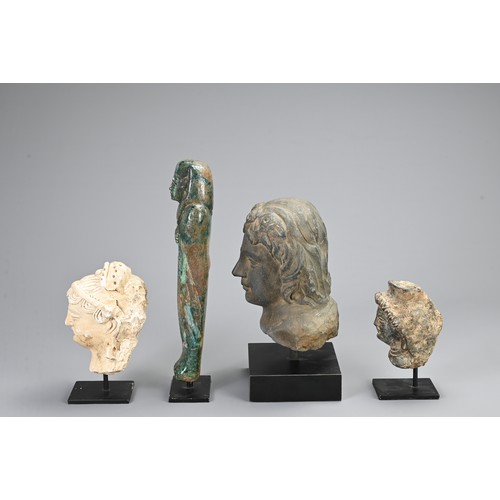 95 - A GROUP OF STONE AND COMPOSITE DECORATIVE ITEMS. To include a green glazed Egyptian Ushabti figure, ... 