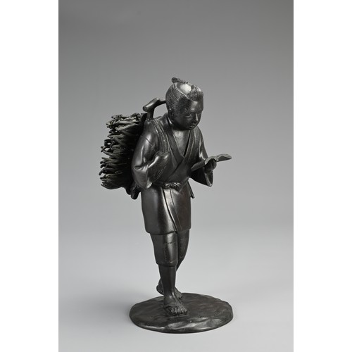 284 - A JAPANESE MEIJI PERIOD BRONZE OKIMONO OF KINJIRO NINOMIYA BY HIDEYAMA, late 19th century, typically... 