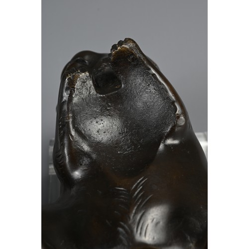 286 - A JAPANESE MEIJI BRONZE PUPPY & BALL, SIGNED YOSHIYAMA, late 19th century, the plump dog depicted wi... 