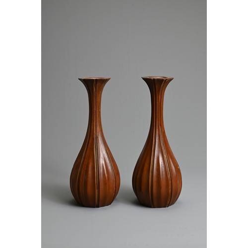 266 - A PAIR OF JAPANESE LACQUERED BOXWOOD VASES, EARLY 20TH CENTURY. Each carved with tall lobed slender ... 