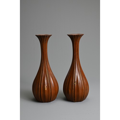 266 - A PAIR OF JAPANESE LACQUERED BOXWOOD VASES, EARLY 20TH CENTURY. Each carved with tall lobed slender ... 