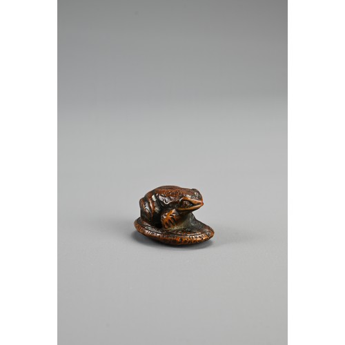 304 - JAPANESE MEIJI BOXWOOD FROG NETSUKE, late 19th century, signed Masanao, of Ise Yamada with eyes inla... 