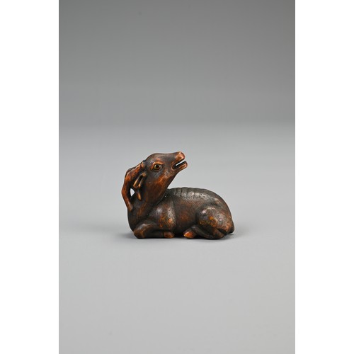 305 - JAPANESE SHOWA PERIOD BOXWOOD NETSUKE OF A RECUMBENT STAG, 20th century, with double inlaid eyes, un... 