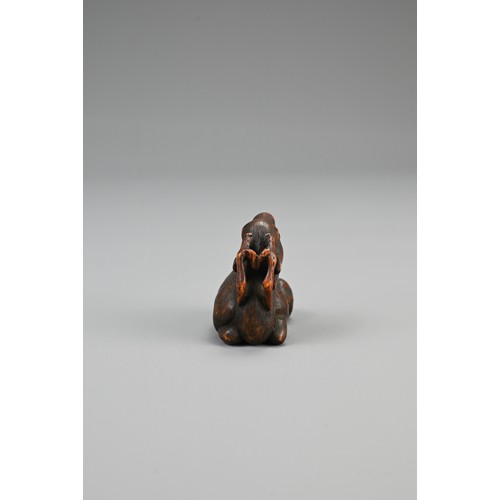 305 - JAPANESE SHOWA PERIOD BOXWOOD NETSUKE OF A RECUMBENT STAG, 20th century, with double inlaid eyes, un... 