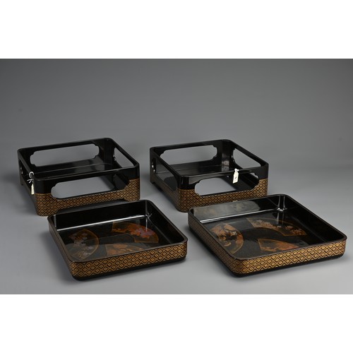 309 - JAPANESE MEIJI PERIOD PAIR OF LACQUER TRAYS AND STANDS, late 19th/early 20th century, decorated with... 