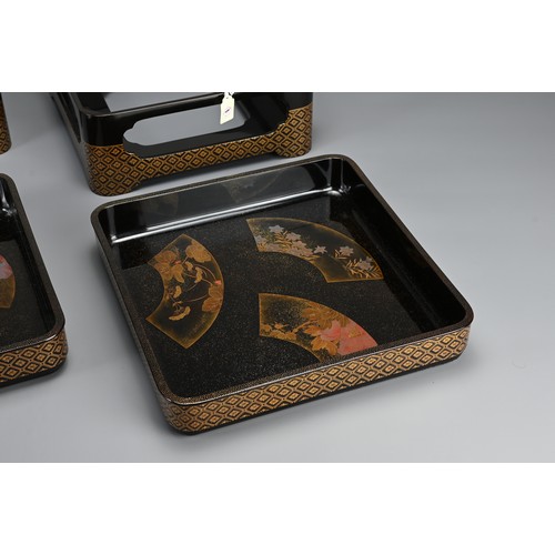 309 - JAPANESE MEIJI PERIOD PAIR OF LACQUER TRAYS AND STANDS, late 19th/early 20th century, decorated with... 