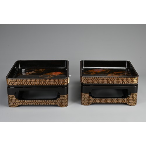 309 - JAPANESE MEIJI PERIOD PAIR OF LACQUER TRAYS AND STANDS, late 19th/early 20th century, decorated with... 