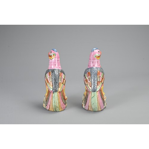 125 - A PAIR OF CHINESE POLYCHROME DECORATED PORCELAIN PHEASANTS, 20TH CENTURY. A mirrored pair perched on... 