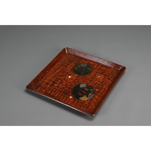 312 - JAPANESE EDO PERIOD LACQUER TRAY, Mid 19th century, decorated with two tsuba (sword hand guard) and ... 