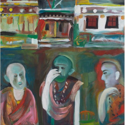 212 - MA CHOI (CHINESE, CONTEMPORARY) - Three Buddhist monks in confidence with one another (1989), oil on... 