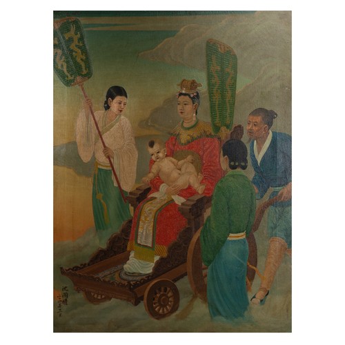 214 - SHEN GUOQUAN (20TH CENTURY) - The Queen mother of the West (Xiwangmu) holding a baby on a sedan chai... 