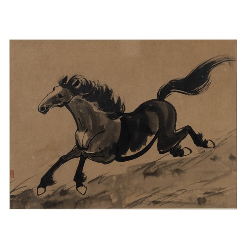 217 - AFTER XU BEIHONG (1895-1953) - A pair of ink paintings of horses galloping, ink on brown card, both ... 