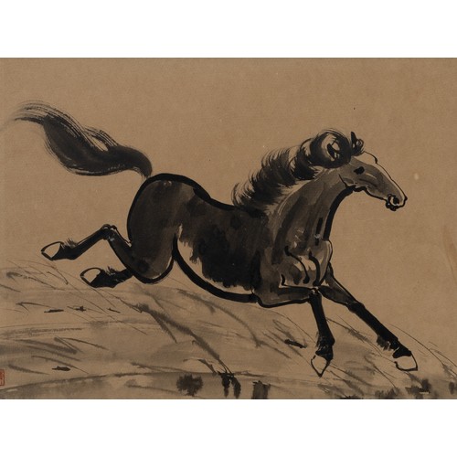 217 - AFTER XU BEIHONG (1895-1953) - A pair of ink paintings of horses galloping, ink on brown card, both ... 