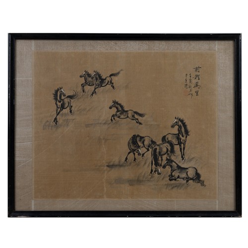 219 - TWO CHINESE INK AND WATERCOLOUR PAINTINGS, 20TH CENTURY. The first depicting eight horse with inscri... 