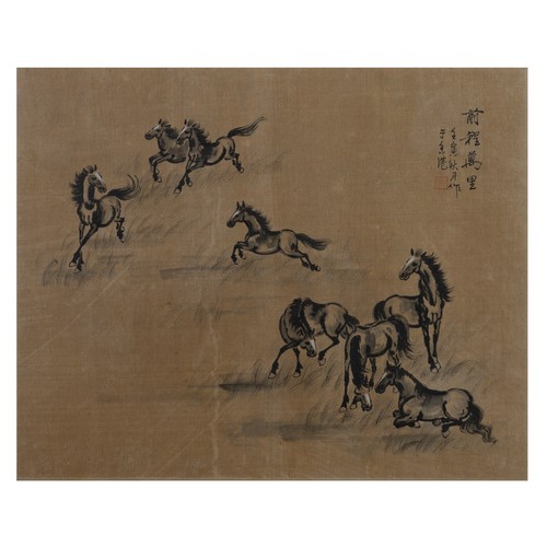 219 - TWO CHINESE INK AND WATERCOLOUR PAINTINGS, 20TH CENTURY. The first depicting eight horse with inscri... 