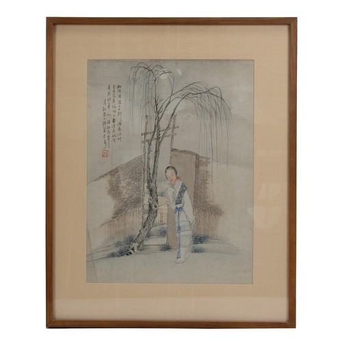 239 - QIAN HUI'AN (1833-1911), QING DYNASTY. Chinese watercolour painting on silk depicting a lady in a wi... 