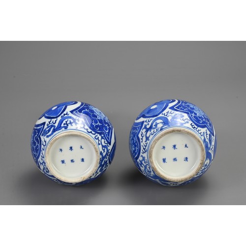 129 - A PAIR OF CHINESE BLUE AND WHITE PORCELAIN VASES, 19/20TH CENTURY. Of baluster form decorated with r... 