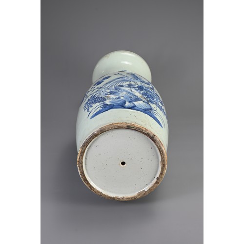 138 - A LARGE CHINESE CELADON GROUND BLUE AND WHITE PORCELAIN VASE, 19TH CENTURY. Of baluster form with mo... 