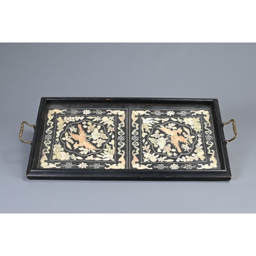 141 - TWO CHINESE WOODEN ITEMS. To include a rectangular tray with silk embroidered panels of birds under ... 