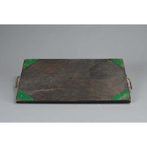 141 - TWO CHINESE WOODEN ITEMS. To include a rectangular tray with silk embroidered panels of birds under ... 