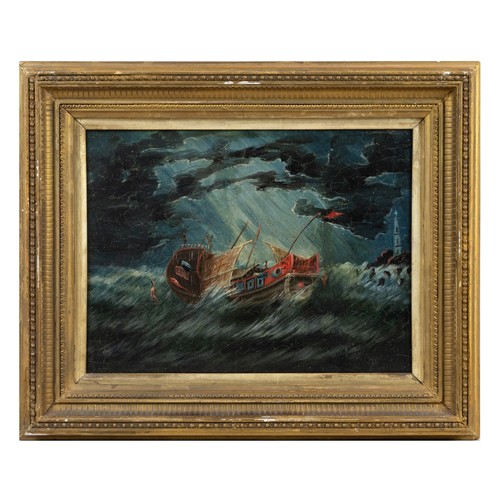 216 - PORTUGUESE / CHINESE SCHOOL, OIL ON CANVAS OF BOATS. The first depicting a boat in a storm with ligh... 