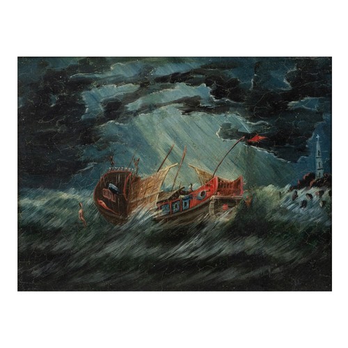 216 - PORTUGUESE / CHINESE SCHOOL, OIL ON CANVAS OF BOATS. The first depicting a boat in a storm with ligh... 