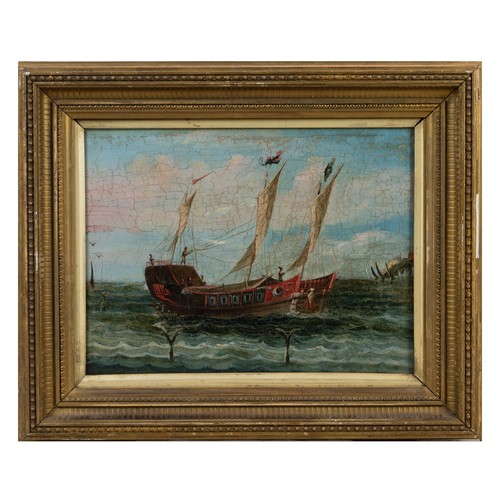 216 - PORTUGUESE / CHINESE SCHOOL, OIL ON CANVAS OF BOATS. The first depicting a boat in a storm with ligh... 