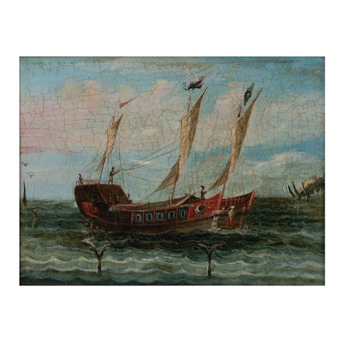 216 - PORTUGUESE / CHINESE SCHOOL, OIL ON CANVAS OF BOATS. The first depicting a boat in a storm with ligh... 