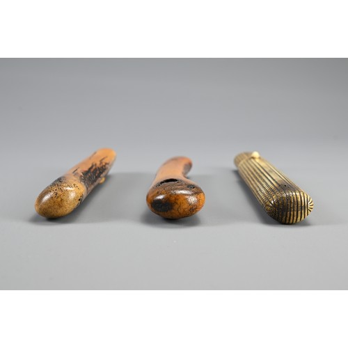 296 - THREE JAPANESE EDO PERIOD STAG-ANTLER PIPE CASES (KISERUZUTSU), 19th century, Two of otoshi-zutsu fo... 