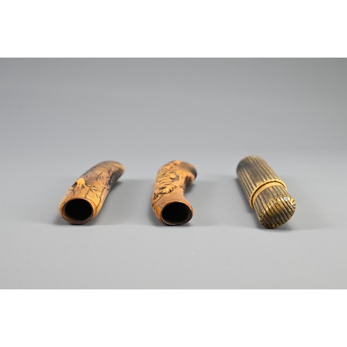 296 - THREE JAPANESE EDO PERIOD STAG-ANTLER PIPE CASES (KISERUZUTSU), 19th century, Two of otoshi-zutsu fo... 