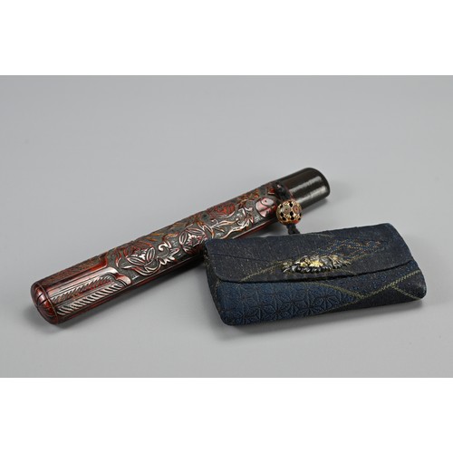 297 - JAPANESE MEIJI PIPE CASE (KISERUZUTSU), TOBACCO POUCH (TOBAKO-IRE) AND SILVER PIPE (KISERU), late 19... 