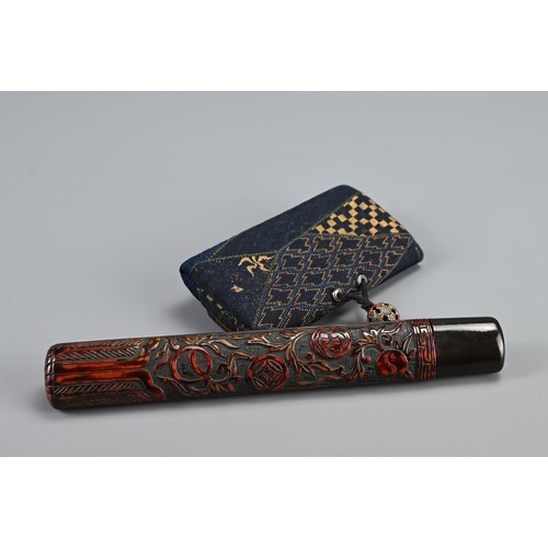 297 - JAPANESE MEIJI PIPE CASE (KISERUZUTSU), TOBACCO POUCH (TOBAKO-IRE) AND SILVER PIPE (KISERU), late 19... 