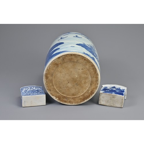 101 - A LARGE CHINESE BLUE AND WHITE PORCELAIN TEA CANISTER WITH CADDIES, 18TH CENTURY. To include a large... 