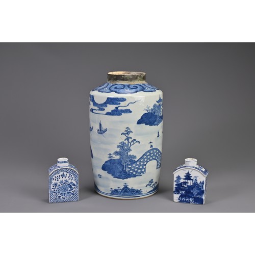 101 - A LARGE CHINESE BLUE AND WHITE PORCELAIN TEA CANISTER WITH CADDIES, 18TH CENTURY. To include a large... 