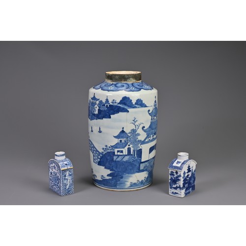 101 - A LARGE CHINESE BLUE AND WHITE PORCELAIN TEA CANISTER WITH CADDIES, 18TH CENTURY. To include a large... 