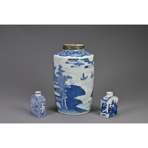 101 - A LARGE CHINESE BLUE AND WHITE PORCELAIN TEA CANISTER WITH CADDIES, 18TH CENTURY. To include a large... 